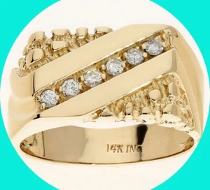 Mens Vintage Diamond Nugget Diagonal Ring .24CT 14K Yellow Gold Size 9 - Picture 1 of 7