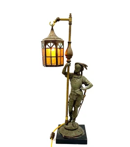 u875 Antique Brass/Bronze Soldier Holding Lantern Statue Sculpture On Heavy Base - Picture 1 of 7