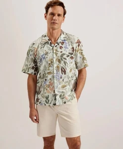 Ted Baker Moselle Floral Linen & Cotton Camp Shirt in Stone/Green Multi Uk XL - Picture 1 of 11
