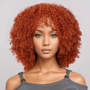 Women Short Synthetic African Curly Wig with Bangs Featuring Elastic Curls - Picture 1 of 10