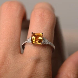 1.95 Ct Princess Cut Real Citrine & Diamond Engagement Ring 14K Solid White Gold - Picture 1 of 10