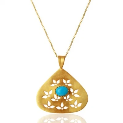 Pan Leaf Flower Engraved Pendent & Charm Gold Plated Turquoise Necklace 16 Inch - image 1 of 4