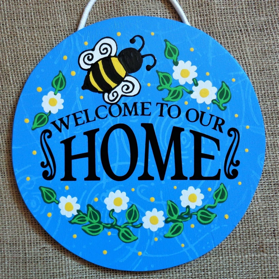 WELCOME TO OUR HOME Circle SIGN Bumblebee Wall Door Plaque OR Wreath Attachment  - Image 1 of 1