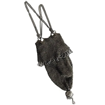 Antiguo monedero Art Deco corte de acero con cordón de ganchillo borla aleta gris Foto 1 de 4