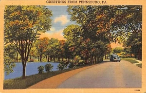 Greetings from Pennsburg PA Street View Antique Car Linen Postcard Tichnor Bros - Picture 1 of 2