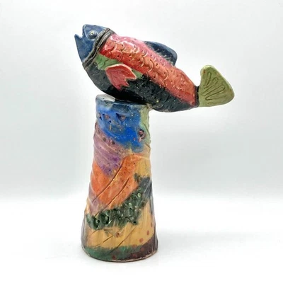 Handmade Studio Pottery Brightly Coloured Mounted Fish Ornament - Image 1 of 4