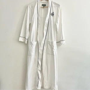 Lauren Ralph Lauren Classic Long White Robe with Black Trim Embroidered Womens S - Picture 1 of 9