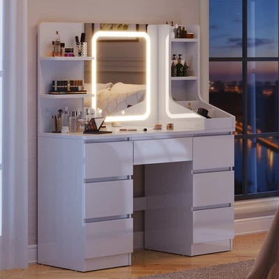 Gunji Dressing Table Vanity Table with LED Mirror, 7 Drawers and 4 Shelves - Image 1 of 4