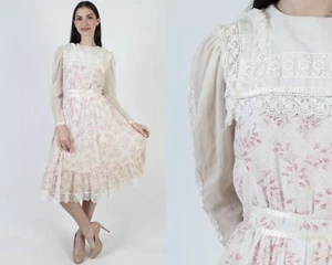 Vintage Gunne Sax Dress Pink Floral Crochet Lace Collar Romantic Midi Boho Sz 7 - Picture 1 of 8