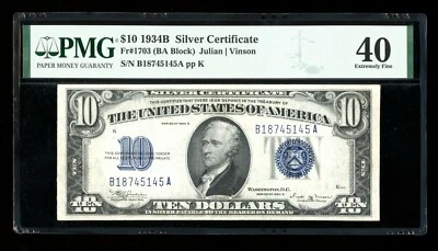 DBR 1934-B $10 Silver Vinson Fr. 1703 PMG XF-40 Serial B18745145A - Image 1 of 2