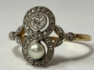 Edwardian 18k yg ring. Natural pearl. diamond, rose diamonds. antique size 9 - Picture 1 of 6