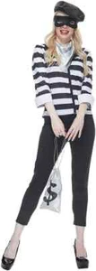 LADIES BURGLAR COSTUME ROBBER FANCY DRESS SHORT SLEEVE STRIPE EYEMASK - MEDIUM - Picture 1 of 11