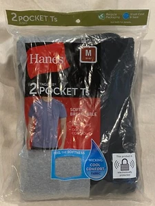NIP HANES Men's Size Med (38-40) Pocket T's 2 Pack Black/Gray Cool Comfort - Picture 1 of 4