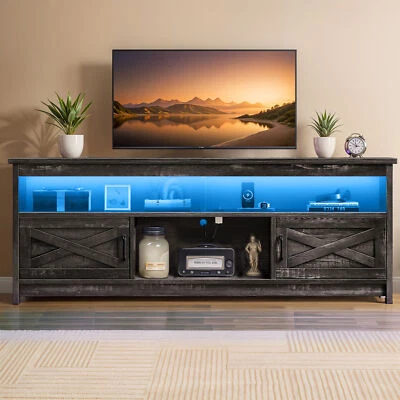 Black TV Stand With Power Outlets Barn Doors for 75 in TVs Entertainment Center - Image 1 of 4