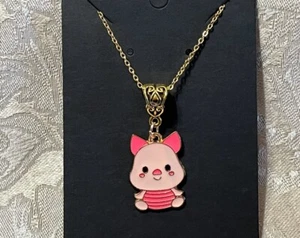 Cartoon Anime Piglet Pooh Enamel Charm Adorable Gold Necklace 18” - Picture 1 of 2