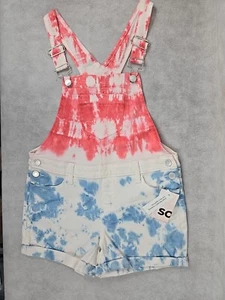 NEW SO Girls Size 12 Jean Short Overalls Red White Blue Tie-dye Denim Romper - Picture 1 of 6