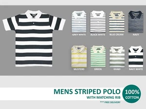 MENS POLO SHIRTS STRIPED WITH MATCHING RIB SUPER MATERIAL 100% COTTON 220 GSM - Picture 1 of 19