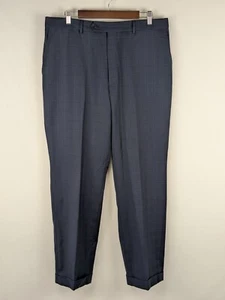 Jos A Bank Wool Dress Pant Mens 36x31 Blue Windowpane Trouser Flat Front Cuffed - Picture 1 of 8