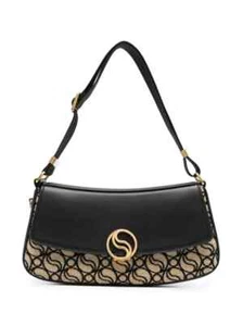 Stella McCartney Black Handbag S-Wave Monogram Rafia Shoulder Bag Womens - Picture 1 of 8