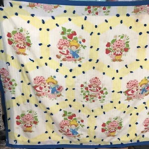 Handmade baby quilt 44 x 35 Strawberry patch little boy/ girl blue yellow pink - Picture 1 of 5