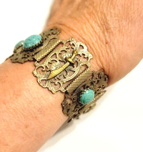 Panel Bracelet Elephant Sword Turquoise Blue Molded Glass Silver-tone sbr-18 - Picture 1 of 9