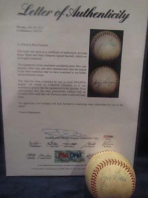 Roger Maris & Harry Simpson Autographed OAL (Harridge) Baseball - PSA Full LOA - Image 1 of 4
