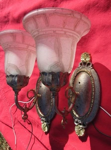 Pair Vintage Victorian Style Sconces Antiqued Nickel Gold Accents Marbled Glass - Picture 1 of 21