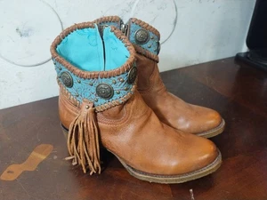 Corral Women's 7" Cognac Turquoise Concho Fringe Ankle Boots Size 6.5 *Worn Once - Picture 1 of 8