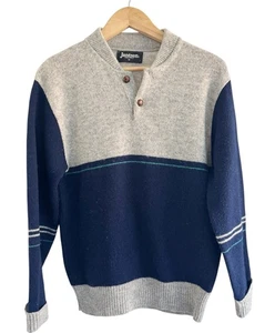 Vintage Jantzen Men's Sz M Gray and Blue Wool Sweater w/ Leather Buttons USA - Picture 1 of 12