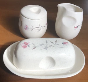 Vintage Franziskaner DUETT ROSE Lot bedeckt Butterdose, Milchkännchen, Zuckerdose mit Deckel - Bild 1 von 17