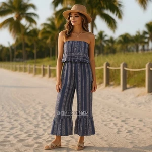 Boho Strapless Wide Leg Jumpsuit Ruffle Hem Smocked Bodice Resort Blue Size M - Picture 1 of 8