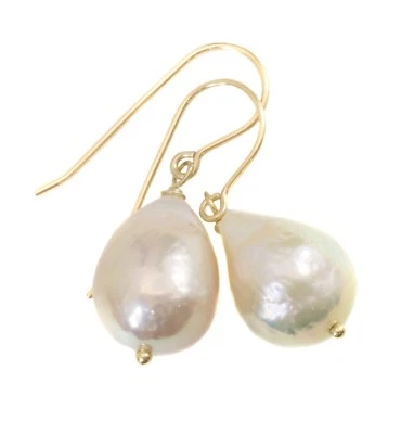 Pearl Earrings Soft Pink Baroque Drops 14k Solid Yellow Gold Sterling Silver FW - Image 1 of 4