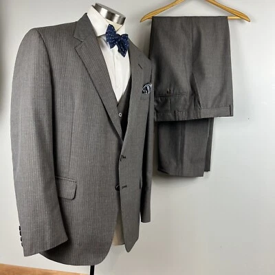 VTG 70s 80s Saxony Hall 42R brown striped 3pc suit 36 x 31 flat front pants - Image 1 of 4