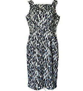 Nuevo Vestido Adrianna Papell Sin Mangas Para Mujer 4 Bolsillos Estampado Geométrico Blanco Azul Marino - Imagen 1 de 11