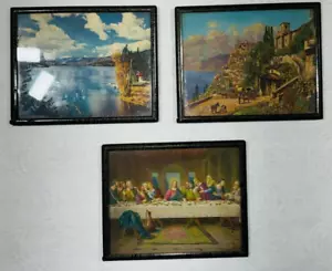 Vintage Framed Art 4”x5” Last Supper Lake Maybe Italy Donkeys wagons - Picture 1 of 8