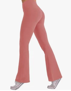 Pink High Waist Flared Yoga Pants Casual Bootcut Workout Leggings Tummy Control - Picture 1 of 5