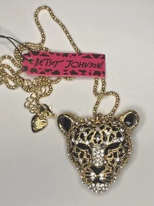 BETSEY JOHNSON LEOPARD HEAD NECKLACE PENDANT GOLD TONE CHAIN CAT JUNGLE Black - Picture 1 of 3