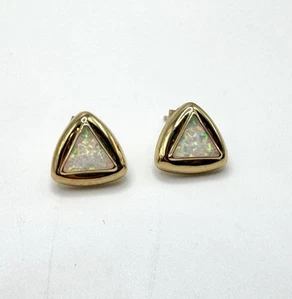 10k Yellow Gold Lab Opal Triangle Earrings LGL - Picture 1 of 5