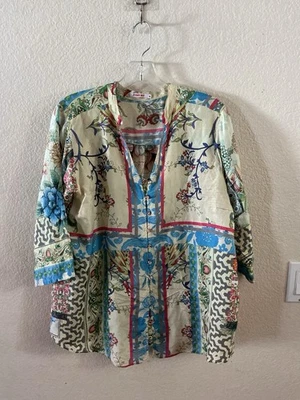 Túnica JOHNNY WAS Multicolor Estampado Mixto Manga 3/4 Ligera Botón Frontal M Foto 1 de 4