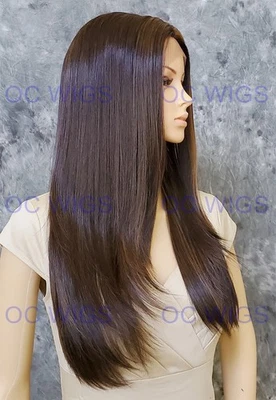 Long Straight Lace Front Heat OK Human Hair Blend Wig Dark Brown/Blonde EVEH - Image 1 of 4