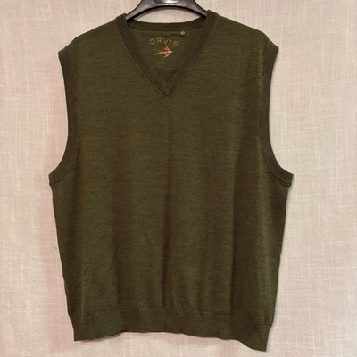 ORVIS 100% Wool Sweater Vest V-Neck Green Men's 2XL Embroidered Logo - Image 1 of 4