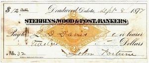 BANCO DE POSTES DE MADERA STEBBINS 1877 CHEQUE JD DAVIS DEADWOOD TERRITORIO DAKOTA DT FORTUNE - Imagen 1 de 2