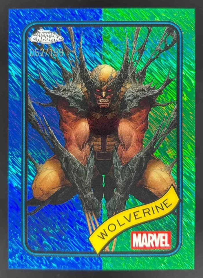 2025 Topps cromo Marvel Wolverine refractor brillante azul y verde 137/199 casi nuevo Foto 1 de 2