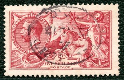 GB KGV SEAHORSE SG.401var 5s Carmine (1913) WATERLOW Cat £325+35%=£438 REDB29 - Image 1 of 4