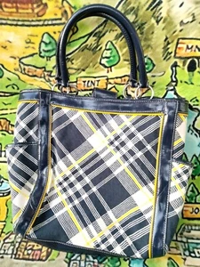 TALBOTS Navy Leather 2 Straps Quilted Tartan Plaid Tote Bag - EXCELLENT SHAPE!!! - Picture 1 of 13