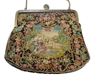 Antique Victorian Handmade Petit Point Needlepoint Brass Purse Clutch Handbag - Picture 1 of 8