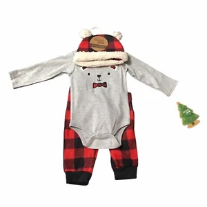 Garbanzo Infantil 3 Piezas Navidad Set 6-9 Meses Oso Búfalo Cuadros Invierno - Imagen 1 de 5