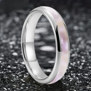4MM Men Women Tungsten Carbide Ring Pink Seashells Inlay Dome Polished Ring Band - Picture 1 of 8