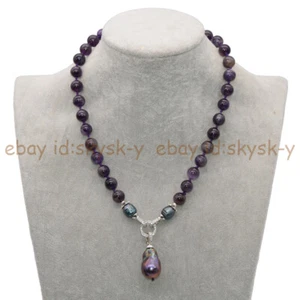 Natural Purple Amethyst Gems Beaded Black Keshi Baroque Pearl Pendant Necklace - Picture 1 of 9