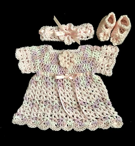 Crochet Pink  Baby or Reborn Doll Dress Headband & Shoes Handmade  0-3 Months - Picture 1 of 1